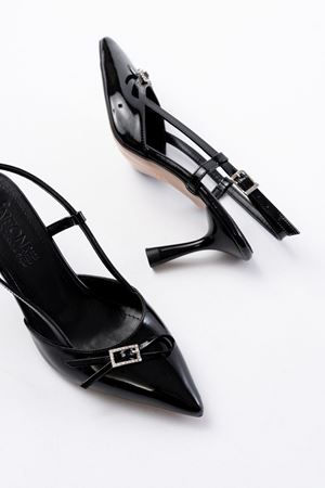 İNF-2300 Siyah Rugan Günlük Arkası Açık Fiyonklu Topuklu Bayan Ayakkabı 