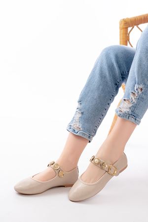 İNF-6363 Bej Baret Tokalı Günlük Bayan Ayakkabı 