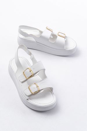 24413-572 Beyaz Günlük Dolgu Topuk Toka Aksesuarlı Kadın Sandalet 