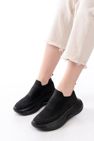 DM-707  Siyah Fileli Faillant Taban Taş Aksesuarlı Günlük Spor Ayakkabı 