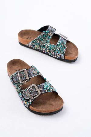 DN-07 Siyah Günlük  Taş Aksesuarlı Kadın Terlik   