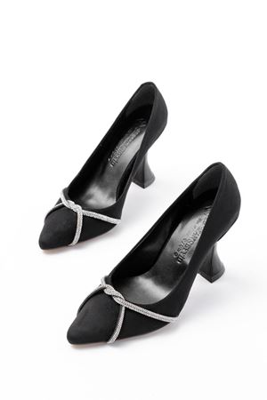  K-10 Siyah Süet Günlük Sarmal Taşlı Topuklu Kadın Ayakkabı