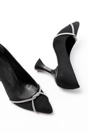  K-10 Siyah Süet Günlük Sarmal Taşlı Topuklu Kadın Ayakkabı