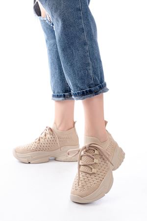 SP-2024 Bej Günlük Bağcıklı Fileli Taş Aksesuarlı Kadın Spor Ayakkabı 