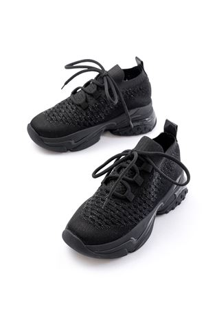SP-2024 Siyah Günlük Bağcıklı Fileli Taş Aksesuarlı Kadın Spor Ayakkabı  