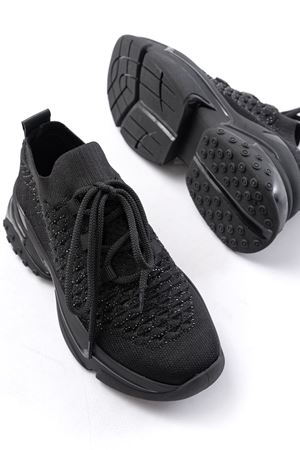 SP-2024 Siyah Günlük Bağcıklı Fileli Taş Aksesuarlı Kadın Spor Ayakkabı  