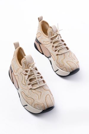 RS-402 Bej Bağcıklı Fileli Taşlı Renkli Taban Günlük Kadın Spor