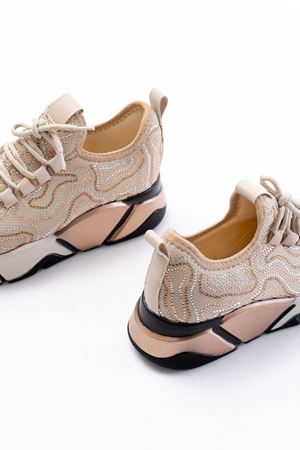 RS-402 Bej Bağcıklı Fileli Taşlı Renkli Taban Günlük Kadın Spor