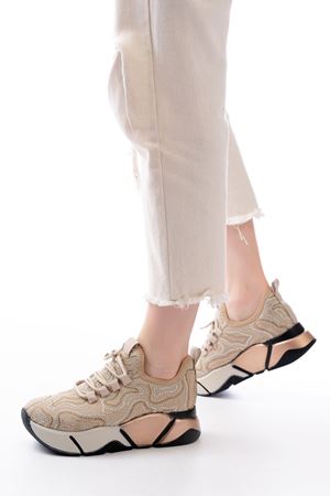 RS-402 Bej Bağcıklı Fileli Taşlı Renkli Taban Günlük Kadın Spor