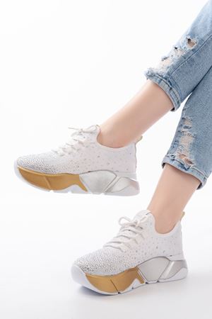 RS-403  Beyaz Bağcıklı Fileli Gümüş Taşlı Günlük Kadın Spor