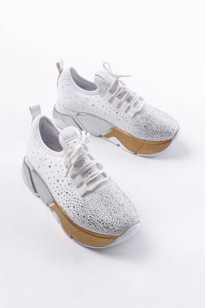 RS-403  Beyaz Bağcıklı Fileli Gümüş Taşlı Günlük Kadın Spor