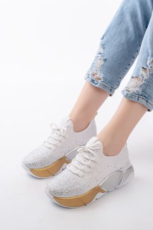 RS-403  Beyaz Bağcıklı Fileli Gümüş Taşlı Günlük Kadın Spor