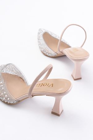 V-1005 Bej Günlük Arkası Açık Taşlı Topuklu Bayan Ayakkabı 
