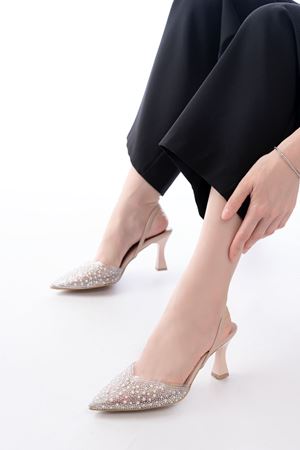 V-1005 Bej Günlük Arkası Açık Taşlı Topuklu Bayan Ayakkabı 