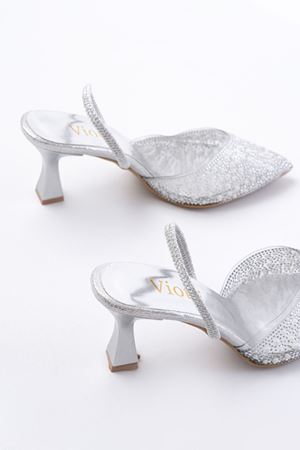 V-1005 Gümüş Günlük Arkası Açık Taşlı Topuklu Bayan Ayakkabı 