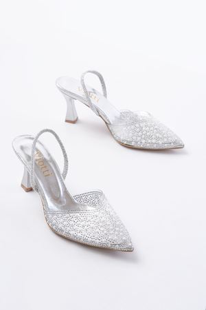 V-1005 Gümüş Günlük Arkası Açık Taşlı Topuklu Bayan Ayakkabı 