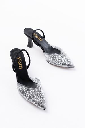 V-1005 Siyah Günlük Arkası Açık Taşlı Topuklu Bayan Ayakkabı