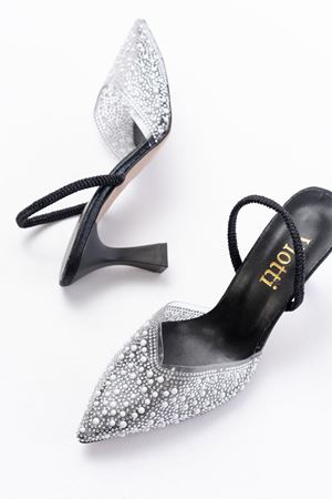 V-1005 Siyah Günlük Arkası Açık Taşlı Topuklu Bayan Ayakkabı