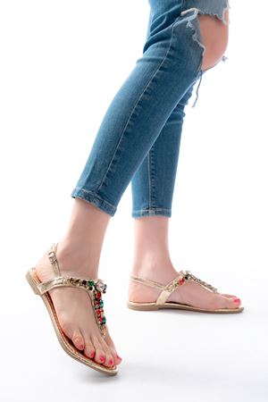 152-1110 Gold Multi Cam Kırığı Taşlı Parmak Arası Kadın Sandalet 