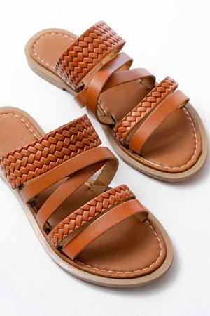 169-161 Taba Örgülü Ortopedik Taban Hakiki Deri Kadın Sandalet 