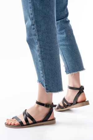 205-08 Siyah Ortopedik Hakiki Deri Kadın Sandalet 