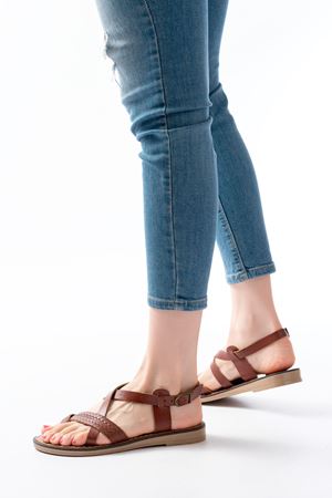 205-09 Koyu Kahve Ortopedik Hakiki Deri Kadın Sandalet 