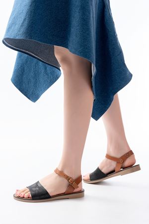 205-012 Black Orthopedic Genuine Leather Women's Sandals