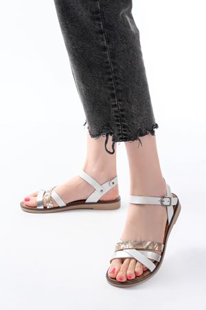 205-015 Beyaz Garni Ortopedik Hakiki Deri Kadın Sandalet 