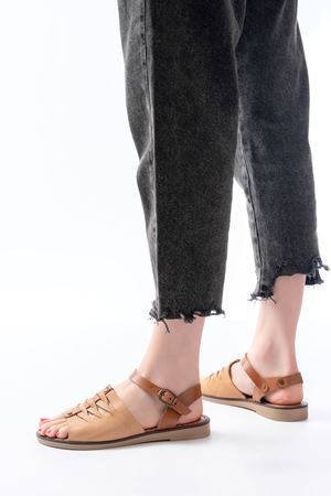 205-029 Bej Ortopedik Hakiki Deri Kadın Sandalet  