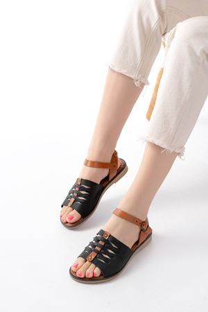 205-029 Siyah Ortopedik Hakiki Deri Kadın Sandalet  