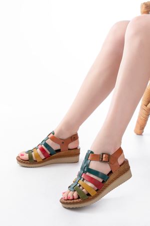 731-204 Multi  Hakiki Deri Dolgu Topuklu Günlük Kadın Sandalet  