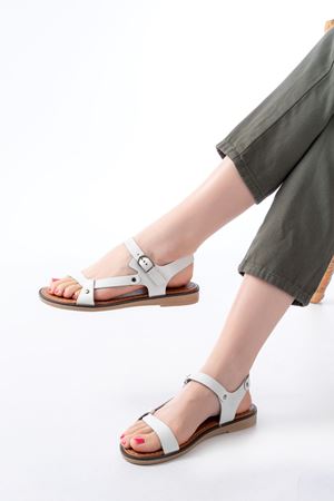 205-090 White Genuine Leather Buckle Women's Sandals