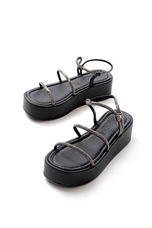 861-1008 Siyah Platin Taşlı Dolgu Topuklu Kadın Sandalet 