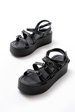 861-1222 Siyah Tokalı Bilekten Bağlamalı Dolgu Kadın Sandalet