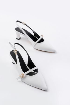 H-470 Beyaz Rugan Baret Tokalı Arkası Açık Günlük Kadın Sandalet 