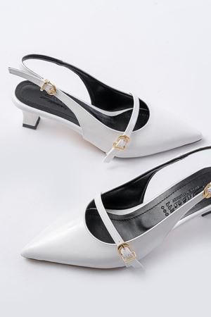 H-470 Beyaz Rugan Baret Tokalı Arkası Açık Günlük Kadın Sandalet 