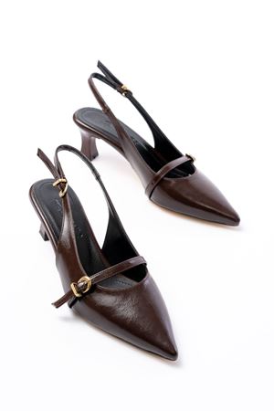 H-470 Kahve Rugan Baret Tokalı Arkası Açık Günlük Kadın Sandalet 