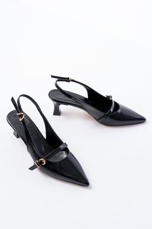 H-470 Siyah Rugan Baret Tokalı Arkası Açık Günlük Kadın Sandalet 