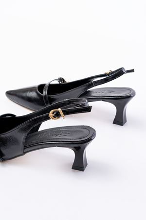 H-470 Siyah Rugan Baret Tokalı Arkası Açık Günlük Kadın Sandalet 