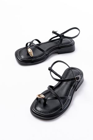 S-101 Siyah Parmak Arası Taş Detaylı Günlük Kadın Sandalet 