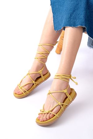 1001-1001 Yellow Ankle Lace-Up Women's Sandals