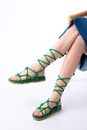 1001-1001 Grass Green Ankle Lace-Up Women's Sandals