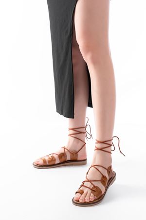 205-01 Tan Ankle Tie Orthopedic Genuine Leather Women's Sandals