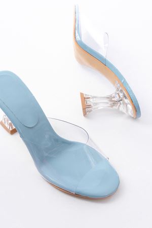S-619 Bebe Mavi Rugan Şeffaf Bantlı Şeffaf Topuklu Yuvarlak Burunlu Kadın Terlik 