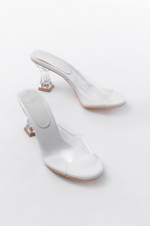 S-619 Beyaz Rugan Şeffaf Bantlı Şeffaf Topuklu Yuvarlak Burunlu Kadın Terlik 