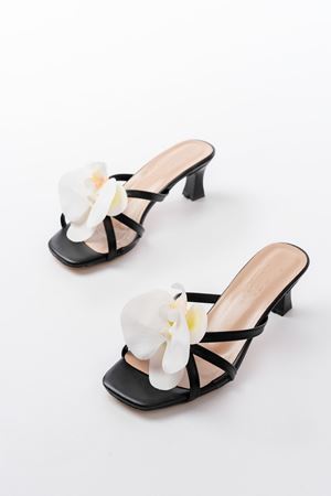 S-622 Siyah Orkide Detaylı İnce Topuklu Kadın Terlik 