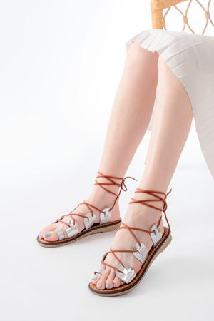 205-01 Silver Ankle Tie Orthopedic Genuine Leather Women's Sandals