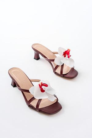 S-622 Bordo Orkide Detaylı İnce Topuklu Kadın Terlik   