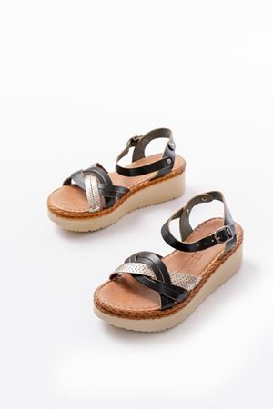 730-037 Siyah Ayna Hakiki Deri Ortopedik Taban Kadın Sandalet  