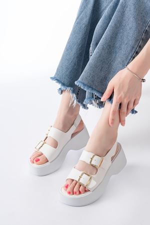 24414-572 Casual Padded Heel Women Sandals with White Buckle